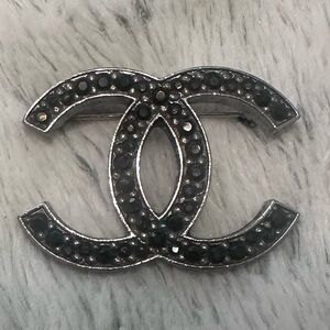 CHANEL Black Crystal Double C Brooch